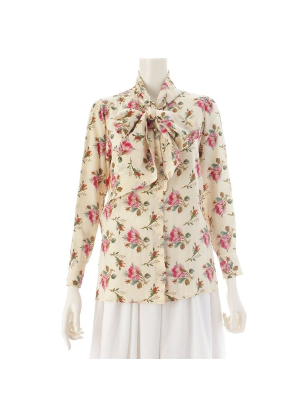 Gucci Michele Era Silk GG Pearl Button Floral Pattern Tie Design Blouse Top
